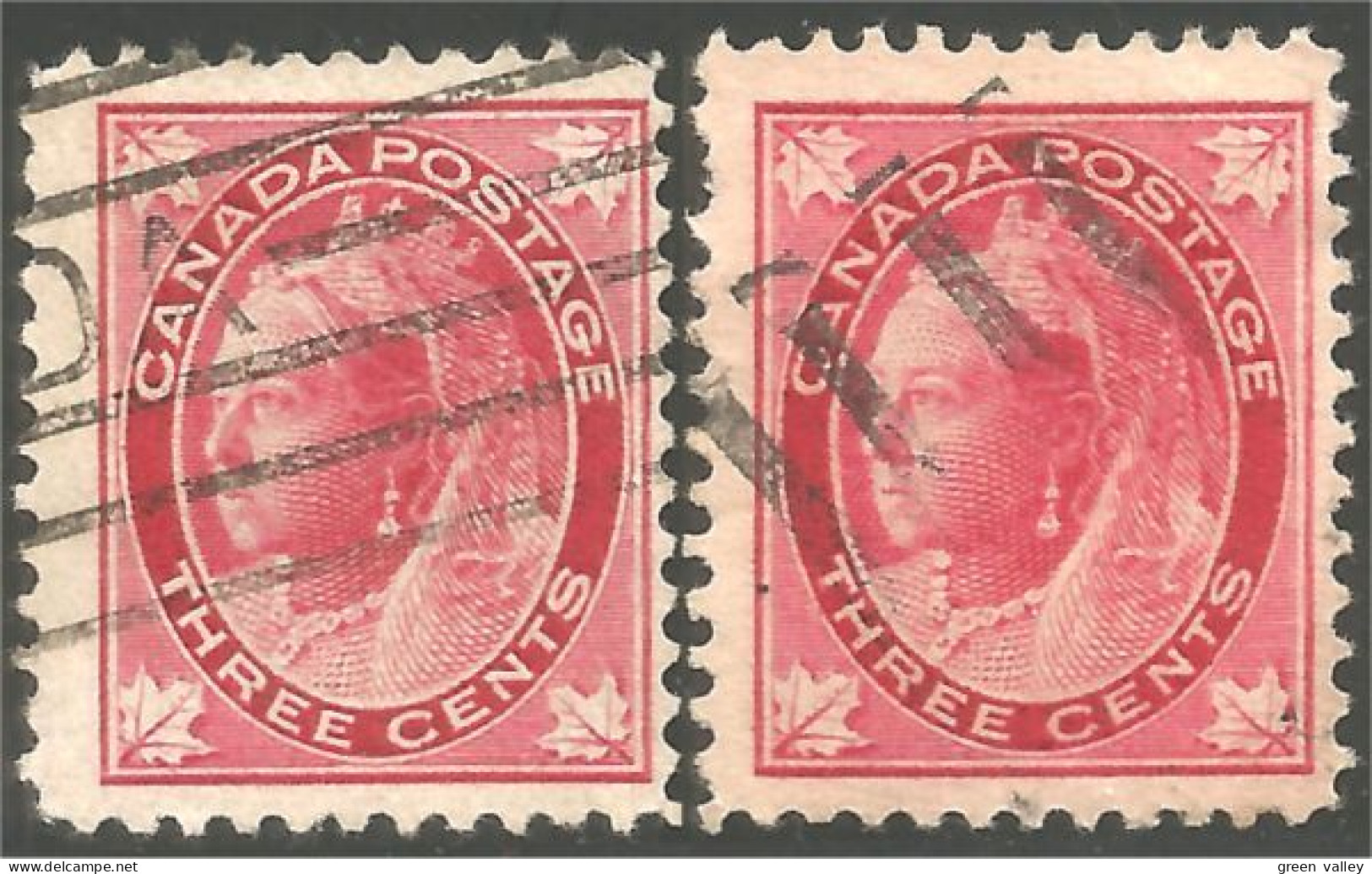 970 Canada 1897 Victoria 3c Red  Queen Victoria Maple Leaf Feuille Two Colors (35) - Usados