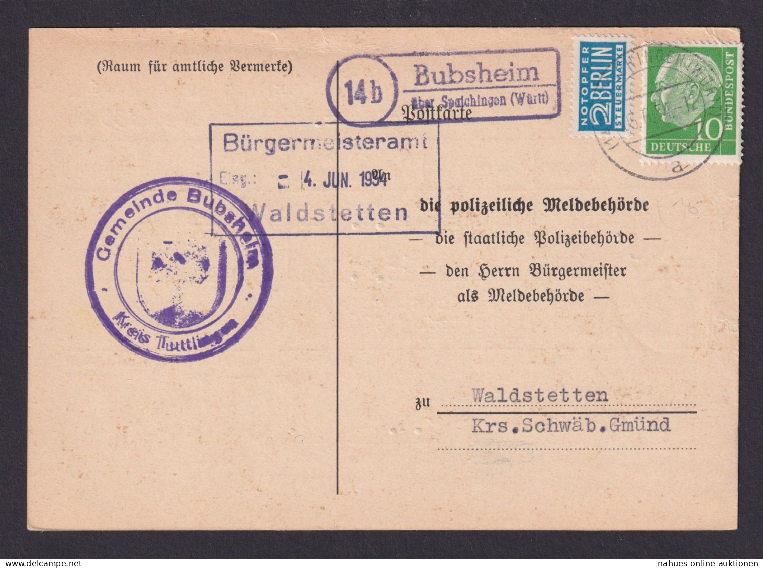 Bund Brief EF 10 Pfg. Heuss Landpoststempel Bubsheim über Spaichingen Baden - Lettres & Documents