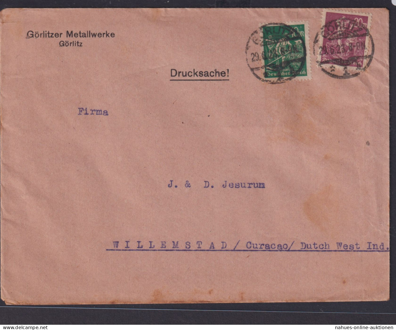 Deutsches Reich Brief Infla MIF Arbeiter Destination Görlitz Curacao - Lettres & Documents