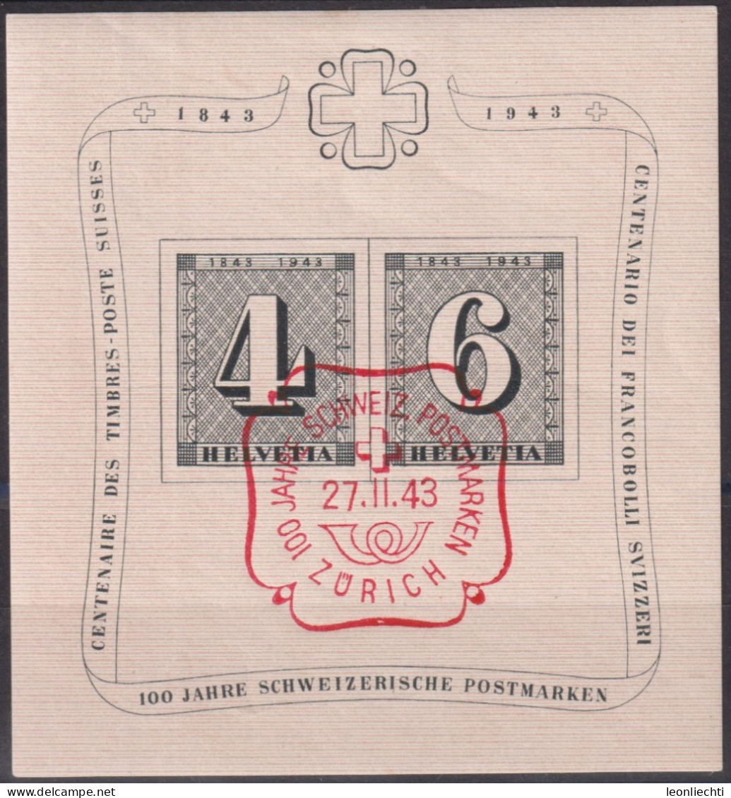 1943 100 Jahre Schweizer Postmarken ⵙ Zum: W14, Mi: Bl. 8 - Gebruikt