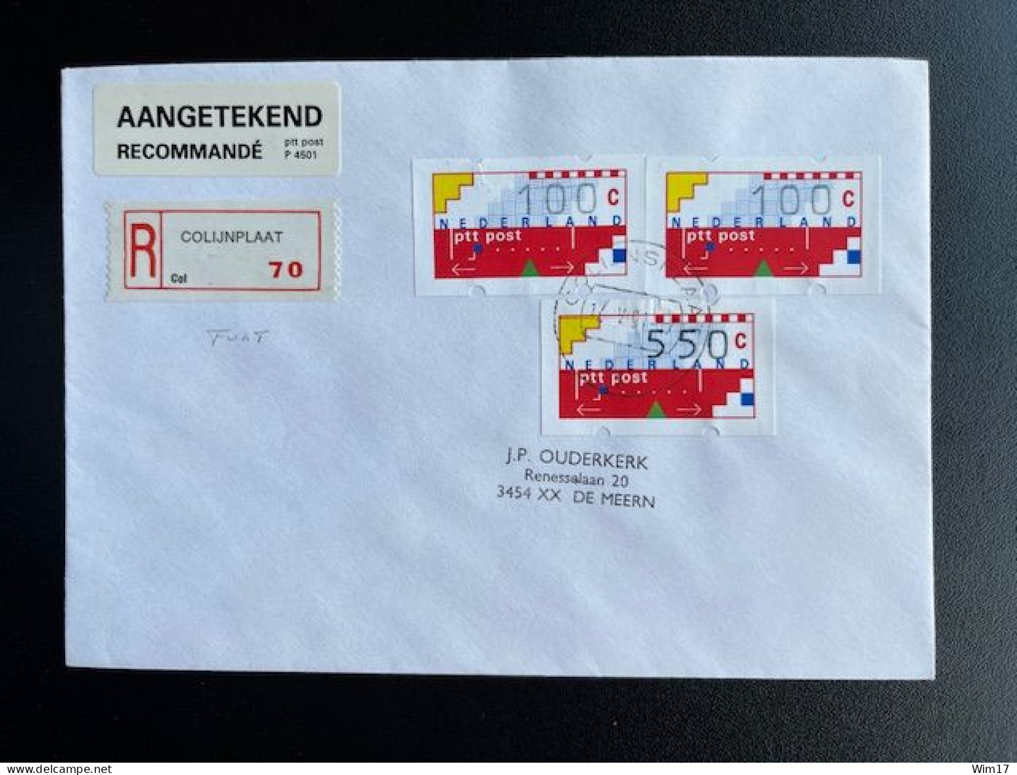 NETHERLANDS 1991 REGISTERED LETTER COLIJNPLAAT TO DE MEERN 17-05-1991 NEDERLAND AANGETEKEND - Covers & Documents