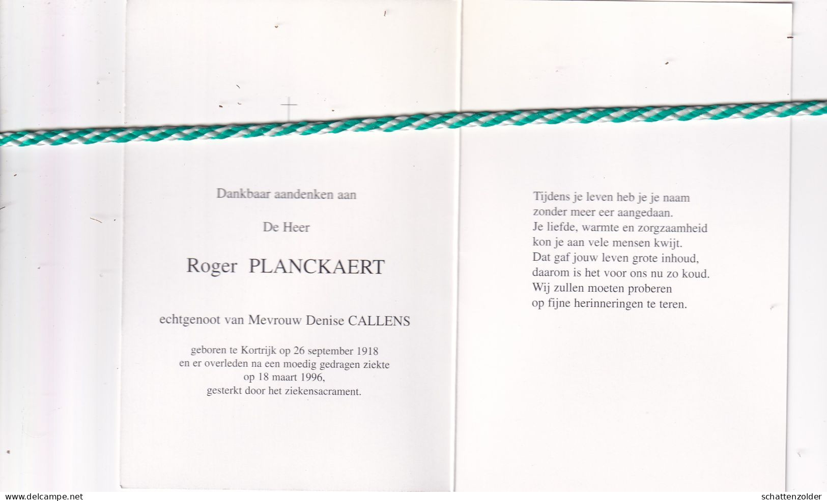 Roger Planckaert-Callens, Kortrijk 1918, 1996. Foto - Todesanzeige