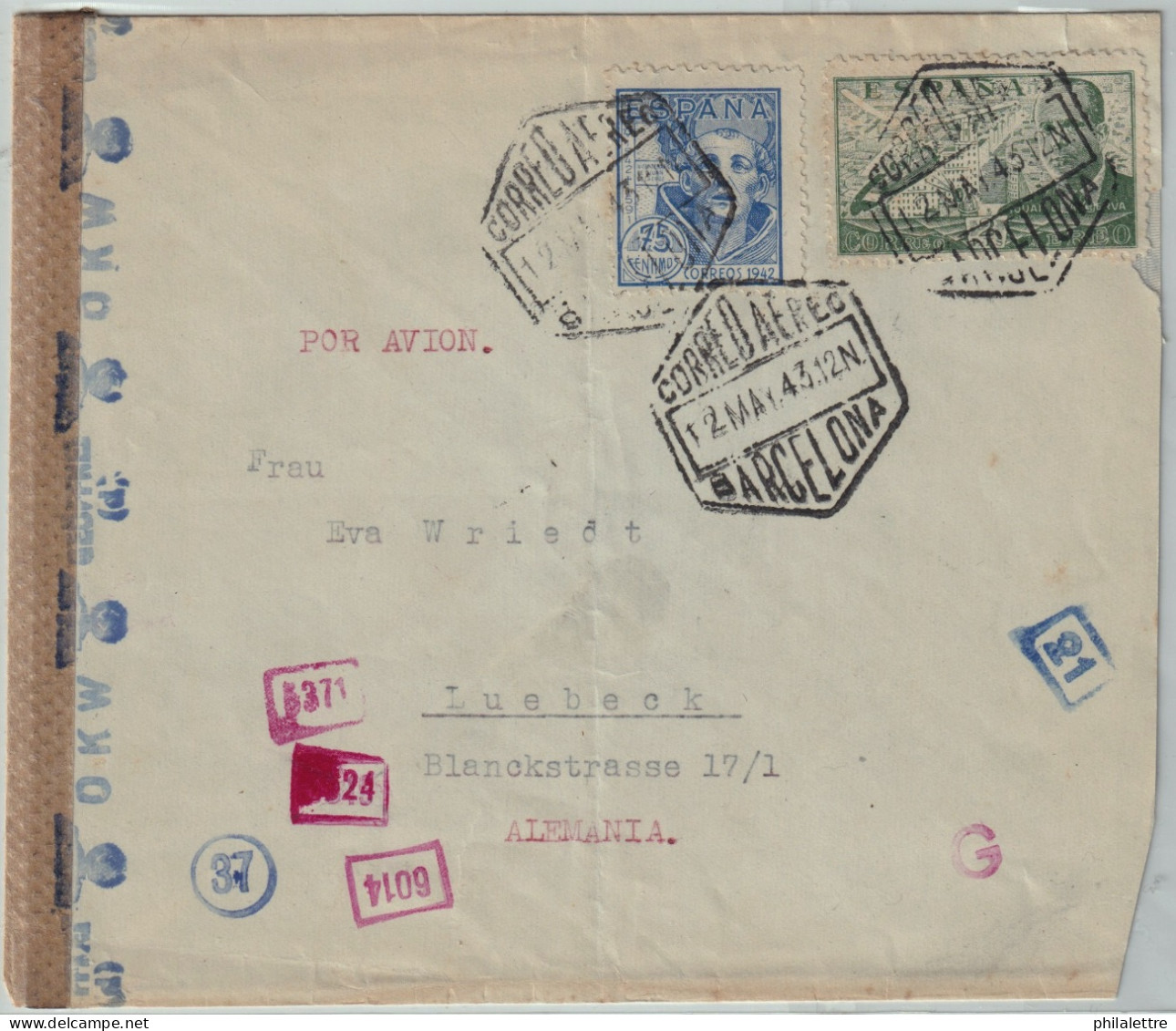 ESPAGNE / ESPANA - 1943 Ed.956 (con Ed.945) Sobre Carta CENSURADA Por Avion De BARCELONA A Alemania - Brieven En Documenten