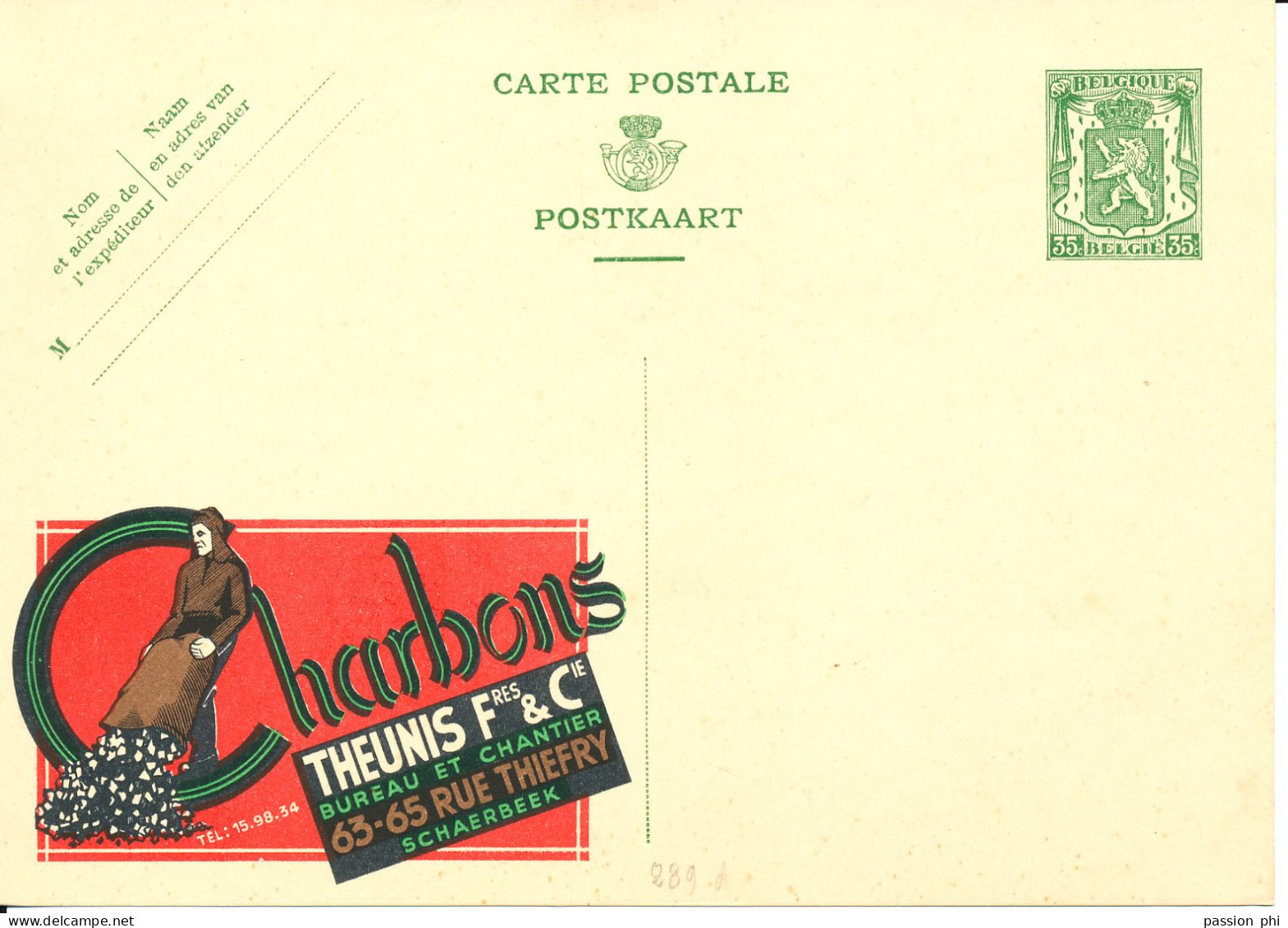 BELGIUM PPS 35C GREEN "SCEAU D'ETAT" SBEP 6 PUBLIBEL 289D CHARBONS THEUNIS UNUSED - Werbepostkarten