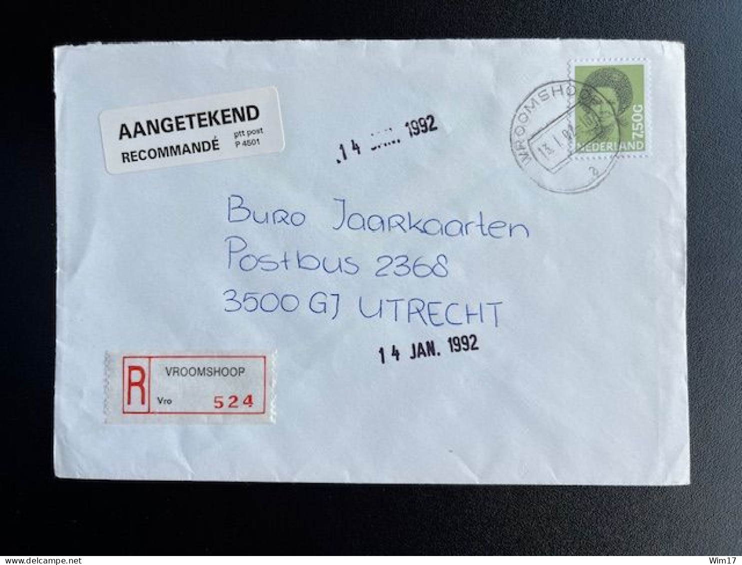 NETHERLANDS 1992 REGISTERED LETTER VROOMSHOOP TO UTRECHT 13-01-1992 NEDERLAND AANGETEKEND - Briefe U. Dokumente