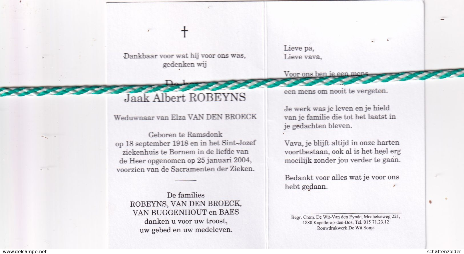 Jaak Albert Robeyns-Van Den Broeck, Ramsdonk 1918, Bornem 2004. Foto - Esquela