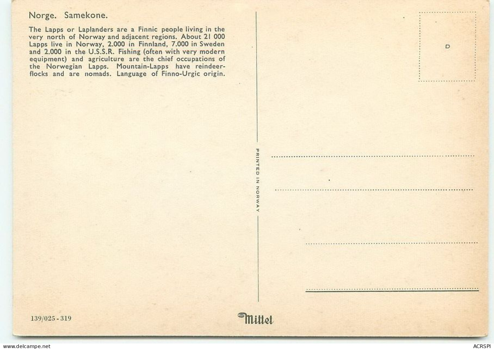 NORVEGE  Norge  SAMEKONE Laplanders   TT 1439 - Noruega