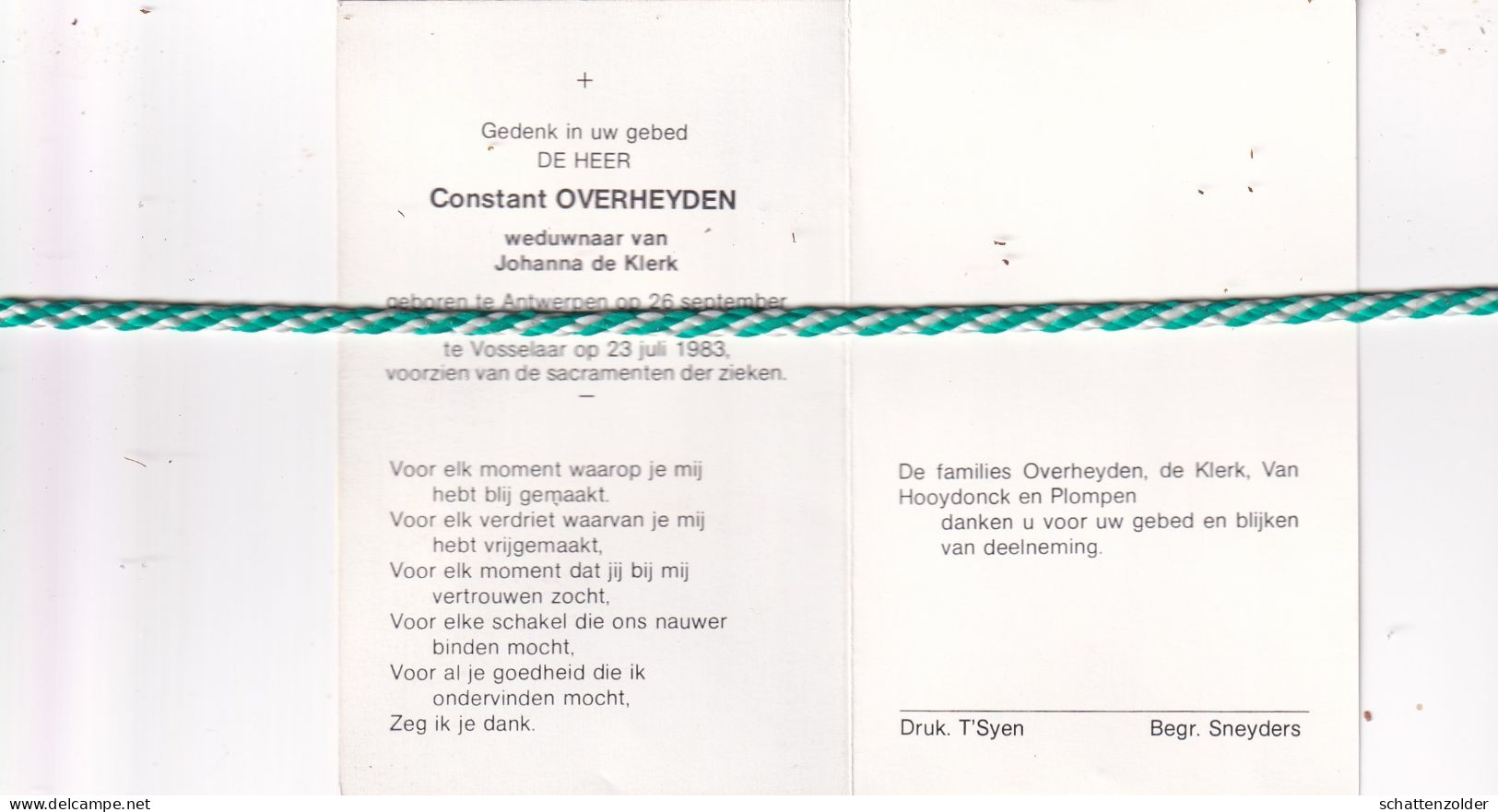 Constant Overheyden-de Klerk, Antwerpen 1919, Vosselaar 1983 - Décès