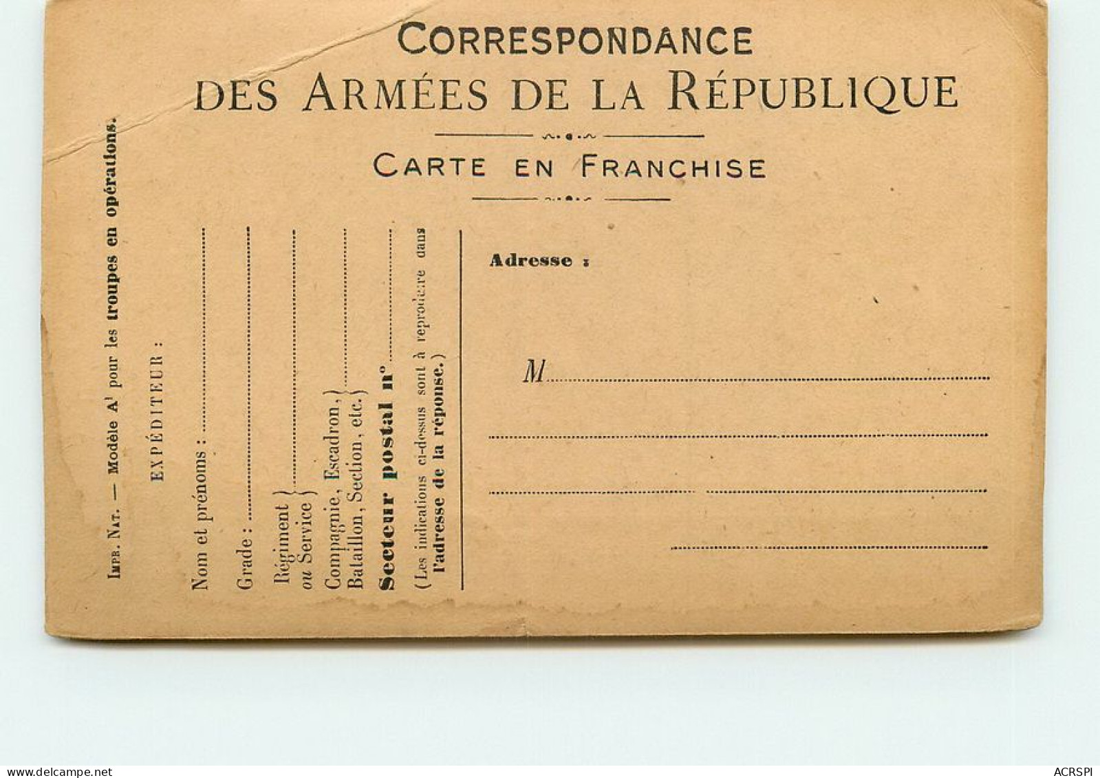 FRANCHISE POSTALE  Pour Les Armées  TT 1476 - War 1914-18
