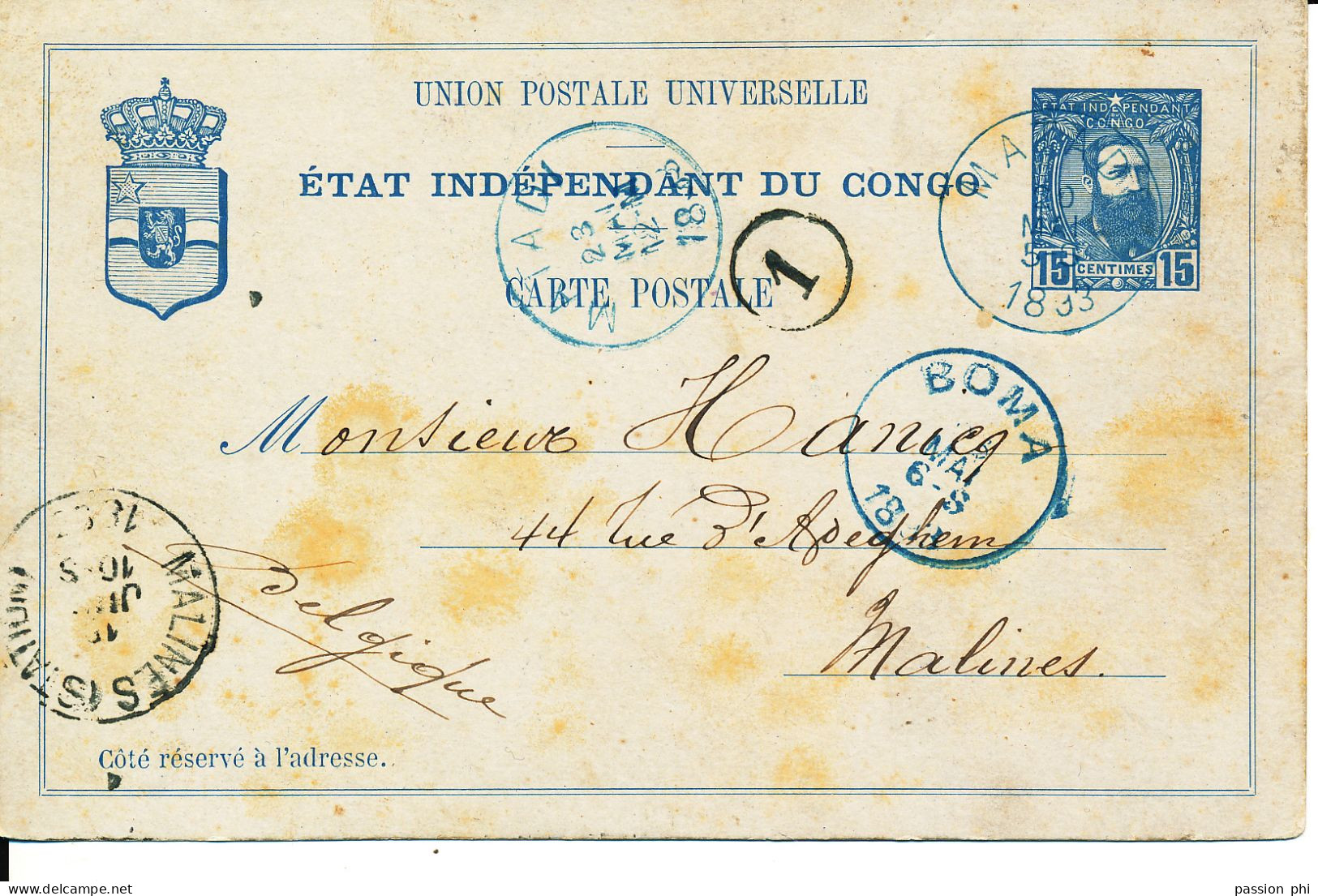 BELGIAN CONGO  PS SBEP 11  FROM MATADI 21.05.1893 TO MECHELEN - Postwaardestukken