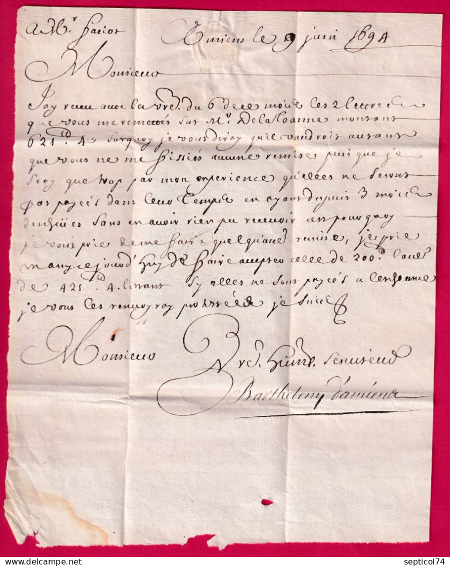 LETTRE DE AMIENS SOMME 1694 POUR REIMS MARNE TAXE 6 LETTRE - ....-1700: Precursores