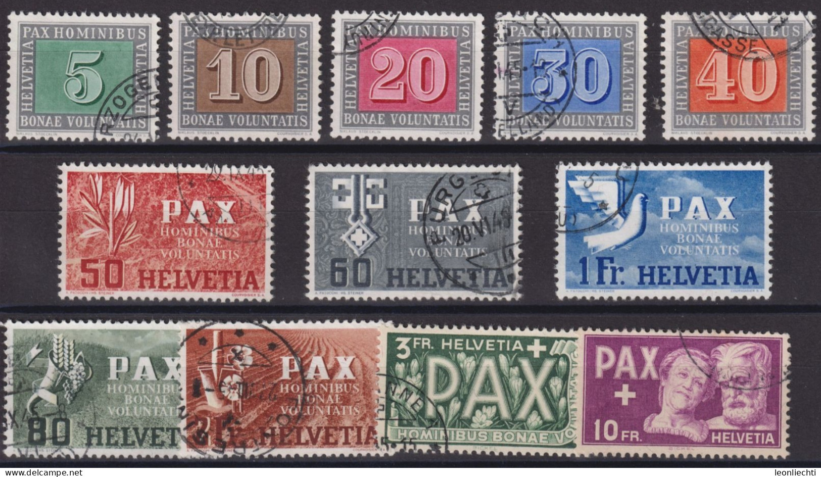 1945 PAX ⵙ Zum: 262-272+274, Mi: 447-457+459 (ohne 5 Fr. Betende Hand) Gedenkmarken Zum Waffenstillstand - Gebruikt