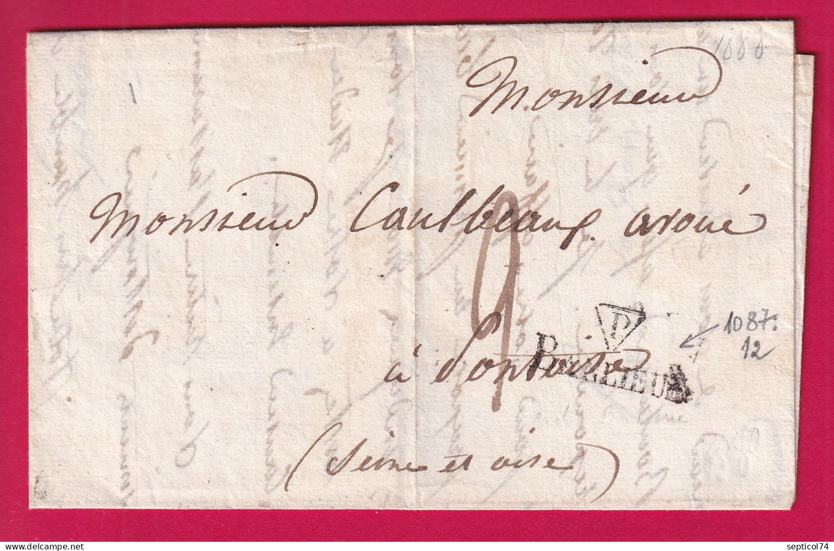 MARQUE P TRIANGLE BANLIEUE 1828 POUR PONTOISE SEINE ET OISE DATEUR A EN ROUGE AU DOS LETTRE - 1801-1848: Précurseurs XIX