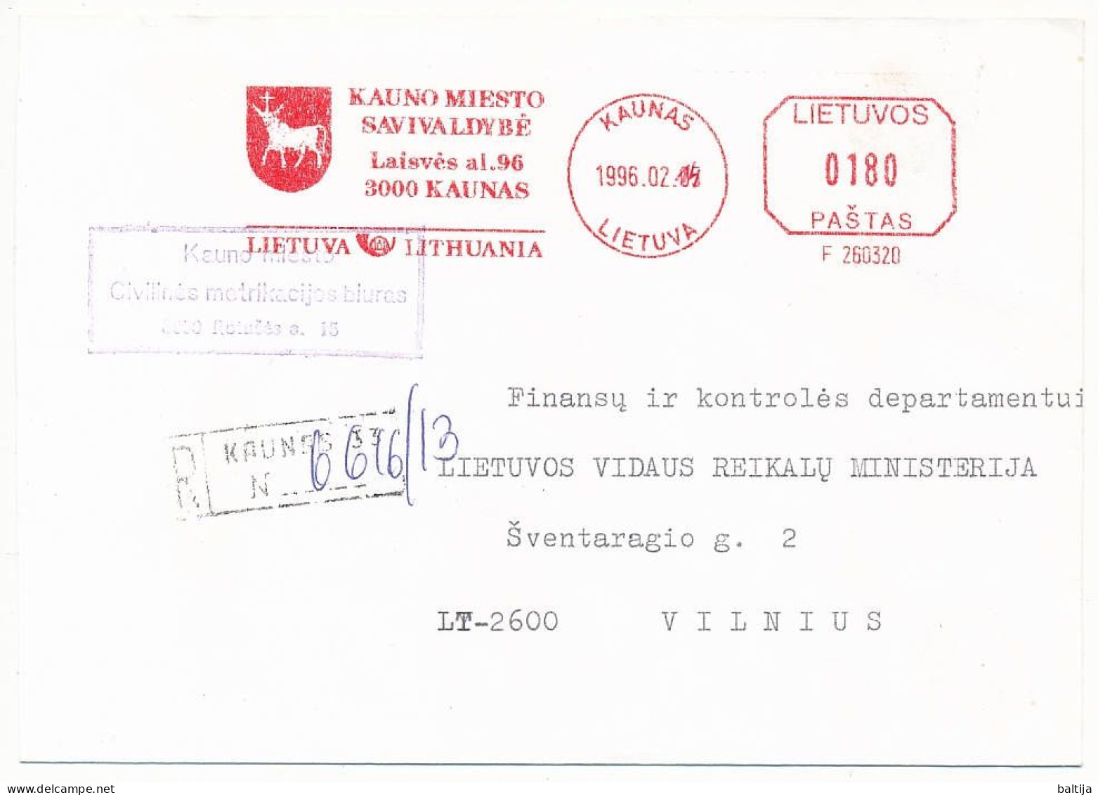 Registered Meter Cover - 14 February 1997 Kaunas-33 - Lituanie