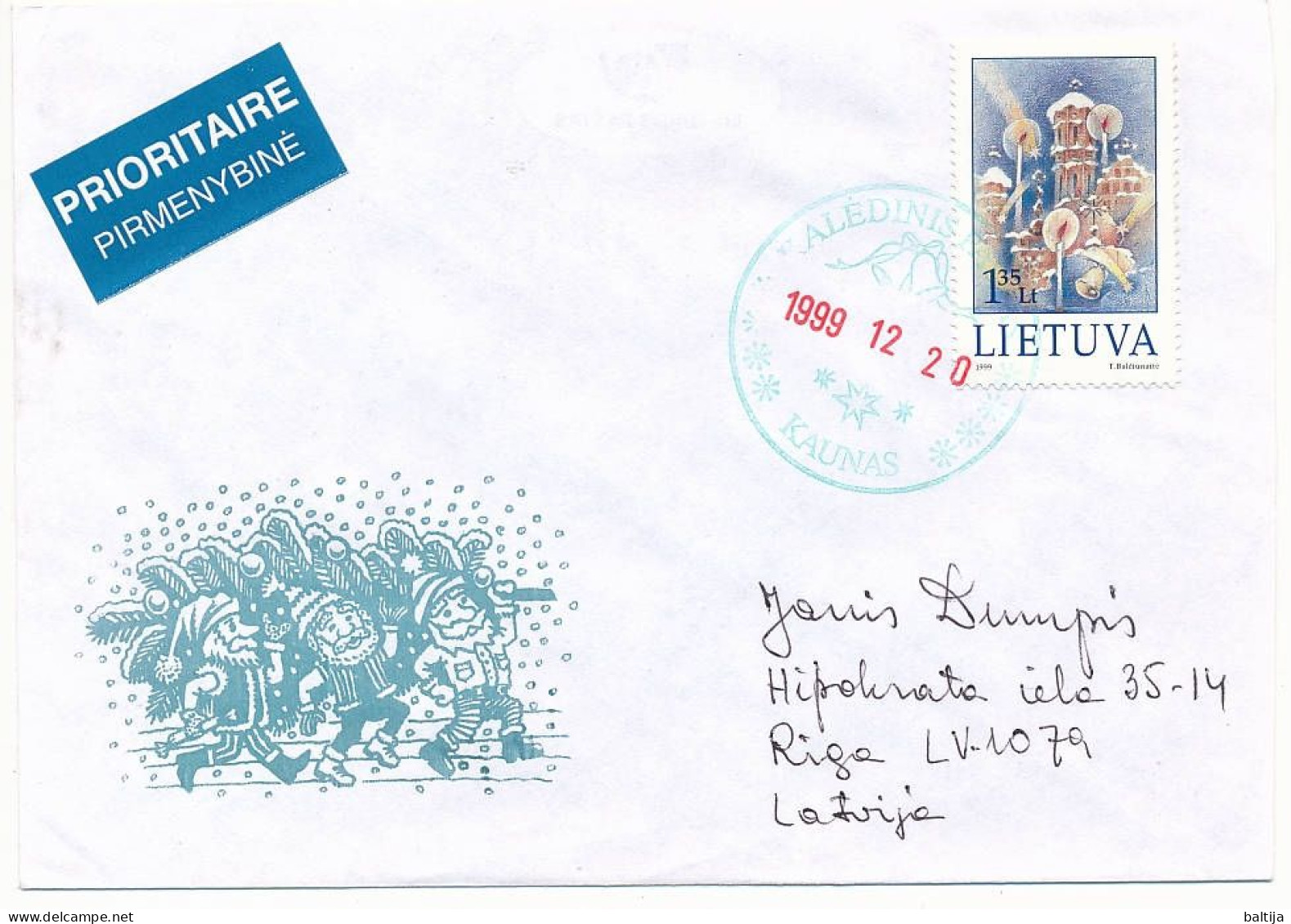 Mi 716 Solo Cover Abroad / Kaledinis Paštas Christmas Mail Postmark - 20 December 1999 Kaunas - Lituanie