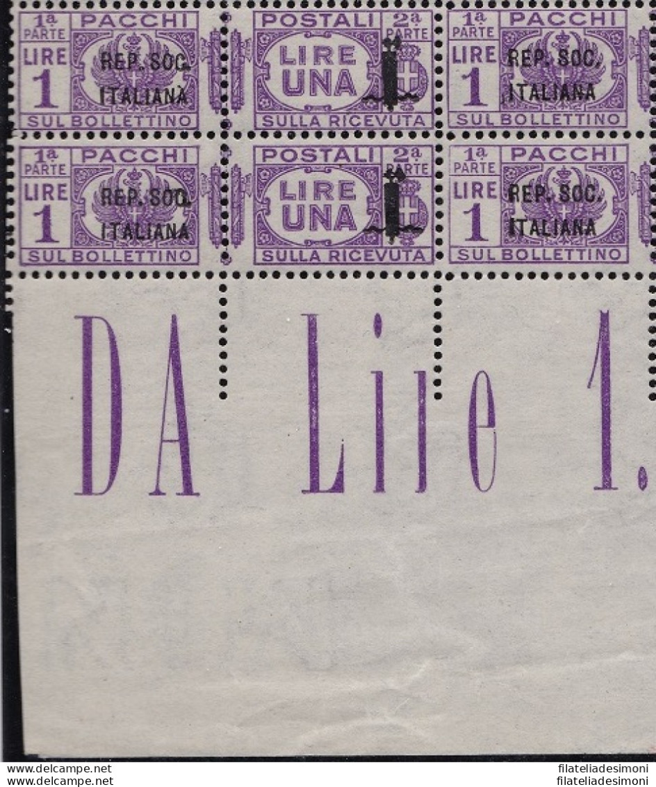 1944 Repubblica Sociale Italiana, Pacco Postale N° 42a+42 42c+42 1 Lira Violetto MNH/** BLOCCO DI 4 - Otros & Sin Clasificación