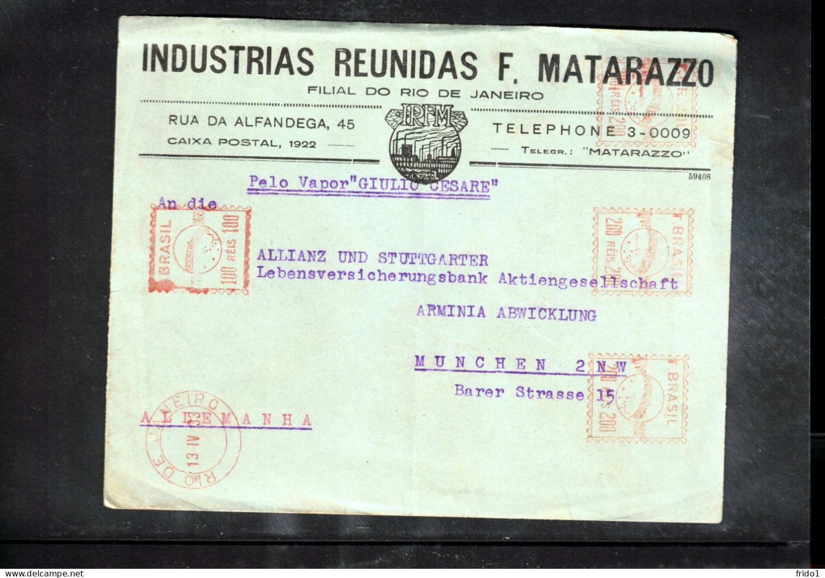 Brazil 1933 Sea Mail Ship GIULIO CESARE  Interesting Letter From Rio De Janeiro To Muenchen - Storia Postale