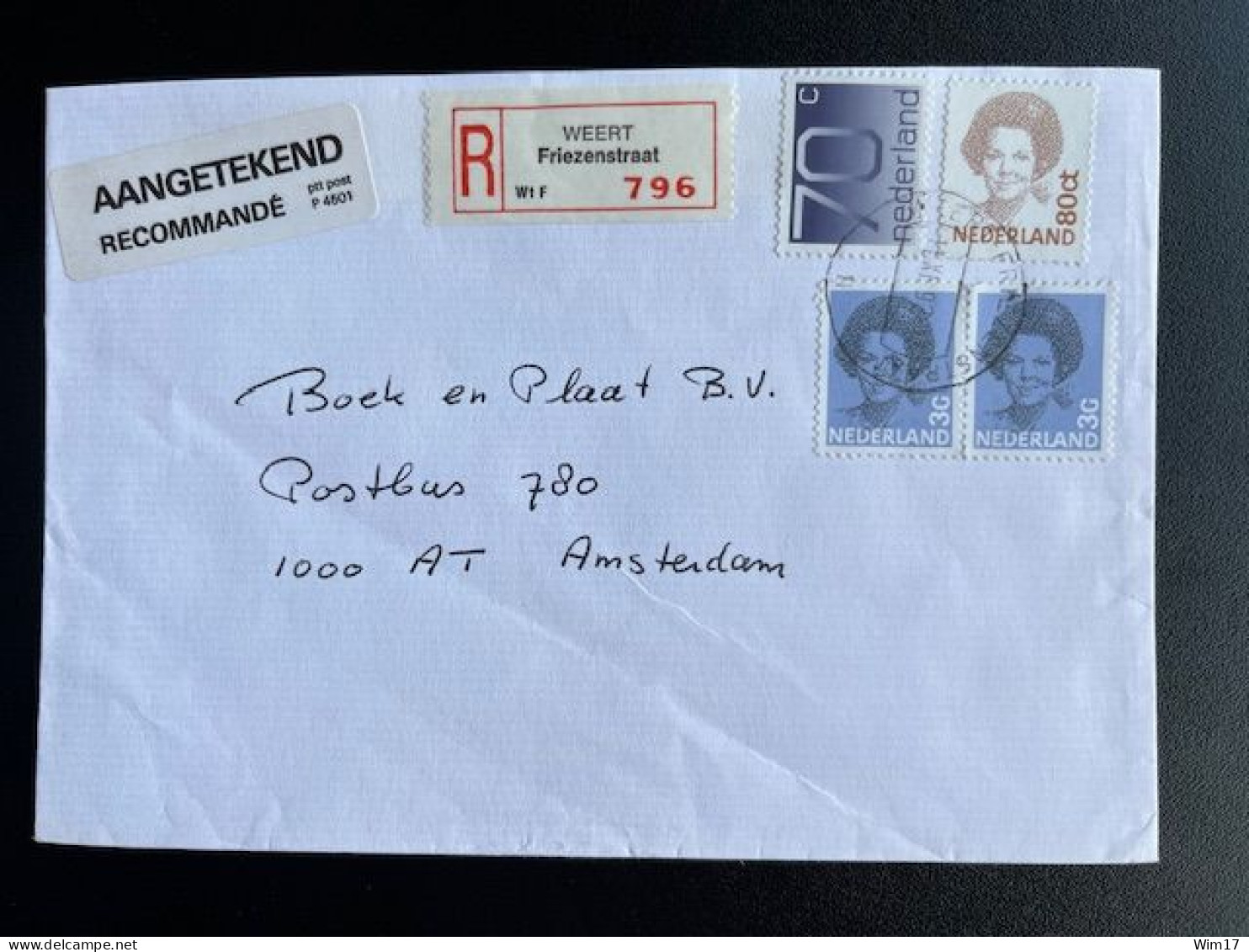 NETHERLANDS 1992 REGISTERED LETTER WEERT FRIEZENSTRAAT TO AMSTERDAM 11-11-1992 NEDERLAND AANGETEKEND - Covers & Documents