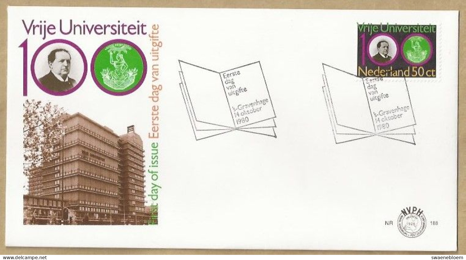 NL.- FDC. NVPH Nr. 188. EERSTE DAG VAN UITGIFTE. FIRST DAY OF ISSUE. 14-10-1980. VRIJE UNIVERSITEIT. - FDC