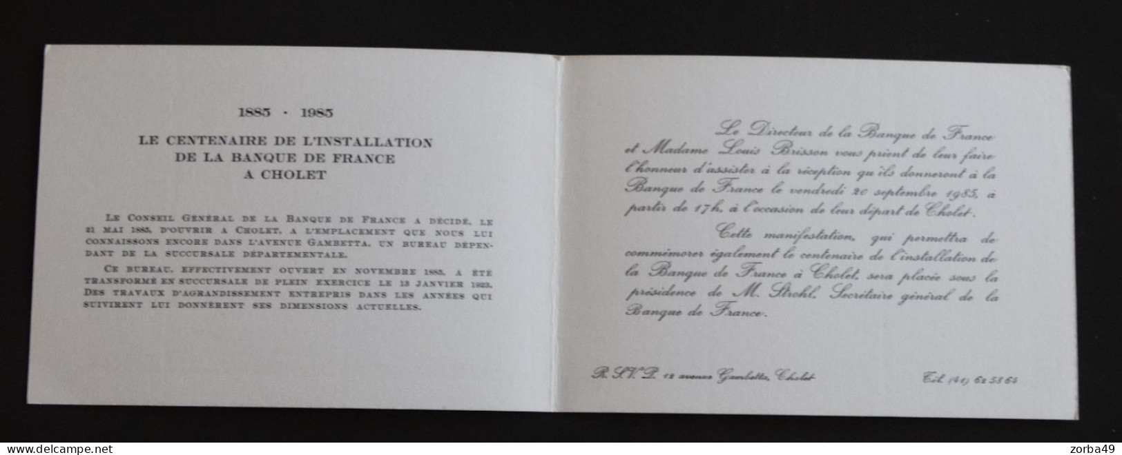 CHOLET Carte Double 1985 Invitation Centenaire De L'installation De La Banque De France à Cholet - Cholet