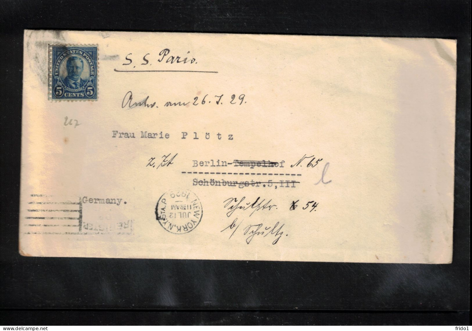 USA 1929 Sea Mail Ship S.S. PARIS From New York To Germany - Brieven En Documenten