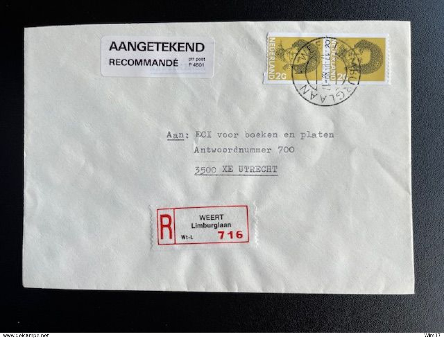 NETHERLANDS 1989 REGISTERED LETTER WEERT LIMBURGLAAN TO UTRECHT 17-03-1989 NEDERLAND AANGETEKEND - Covers & Documents