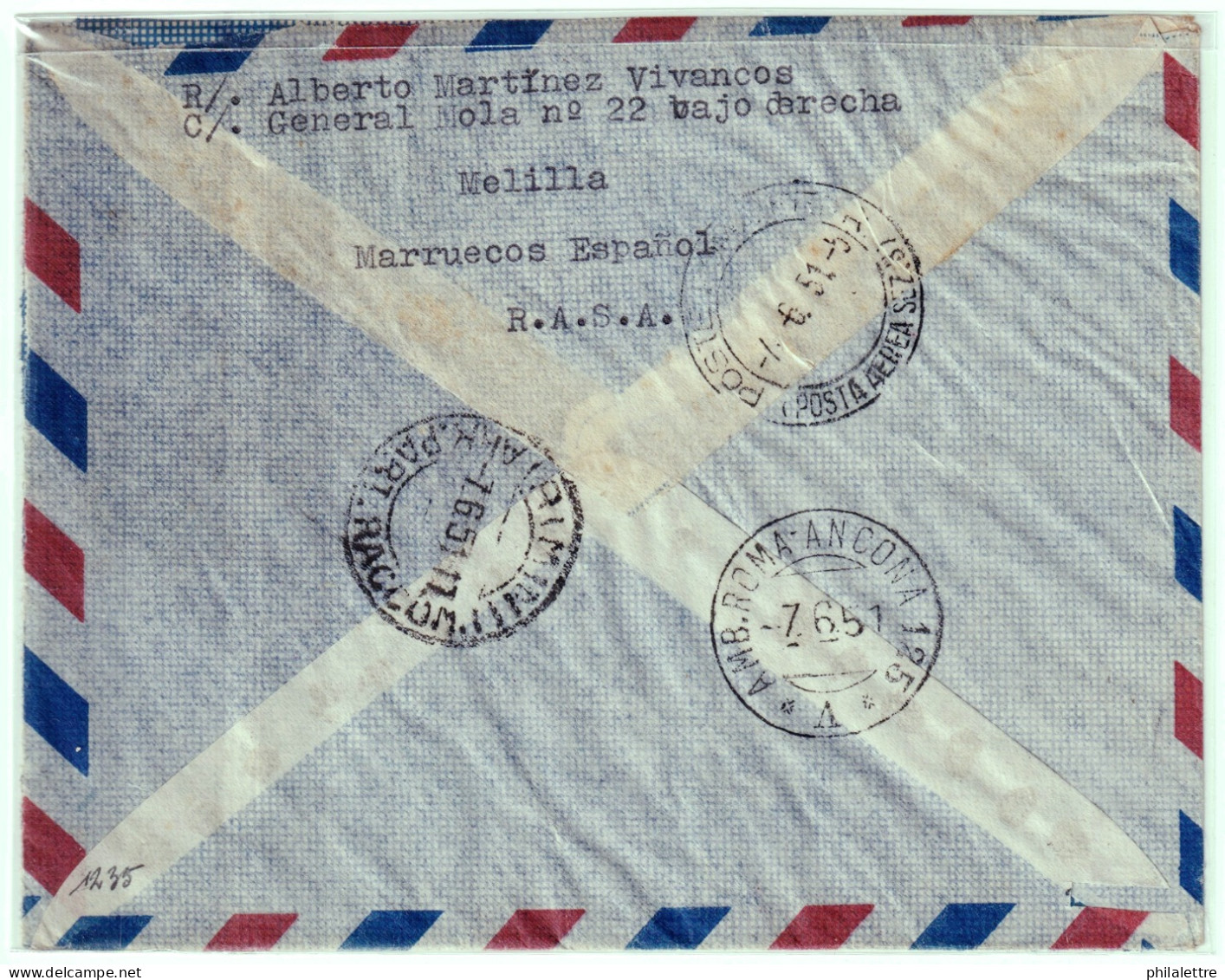 ESPAGNE / ESPANA - 1951 Ed.974 (x2) Y Ed.978 (x5) Sobre Carta Certificado Avion De MELILLA A ITALIA - Etiqueta ALHAMBRA - Brieven En Documenten