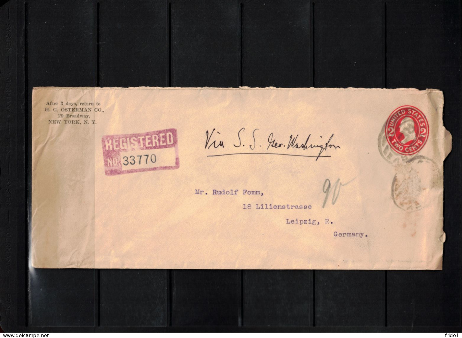 USA 1912 Sea Mail (Registered Letter) - Ship S.S. GEORGE WASHINGTON From New York To Germany - Cartas & Documentos