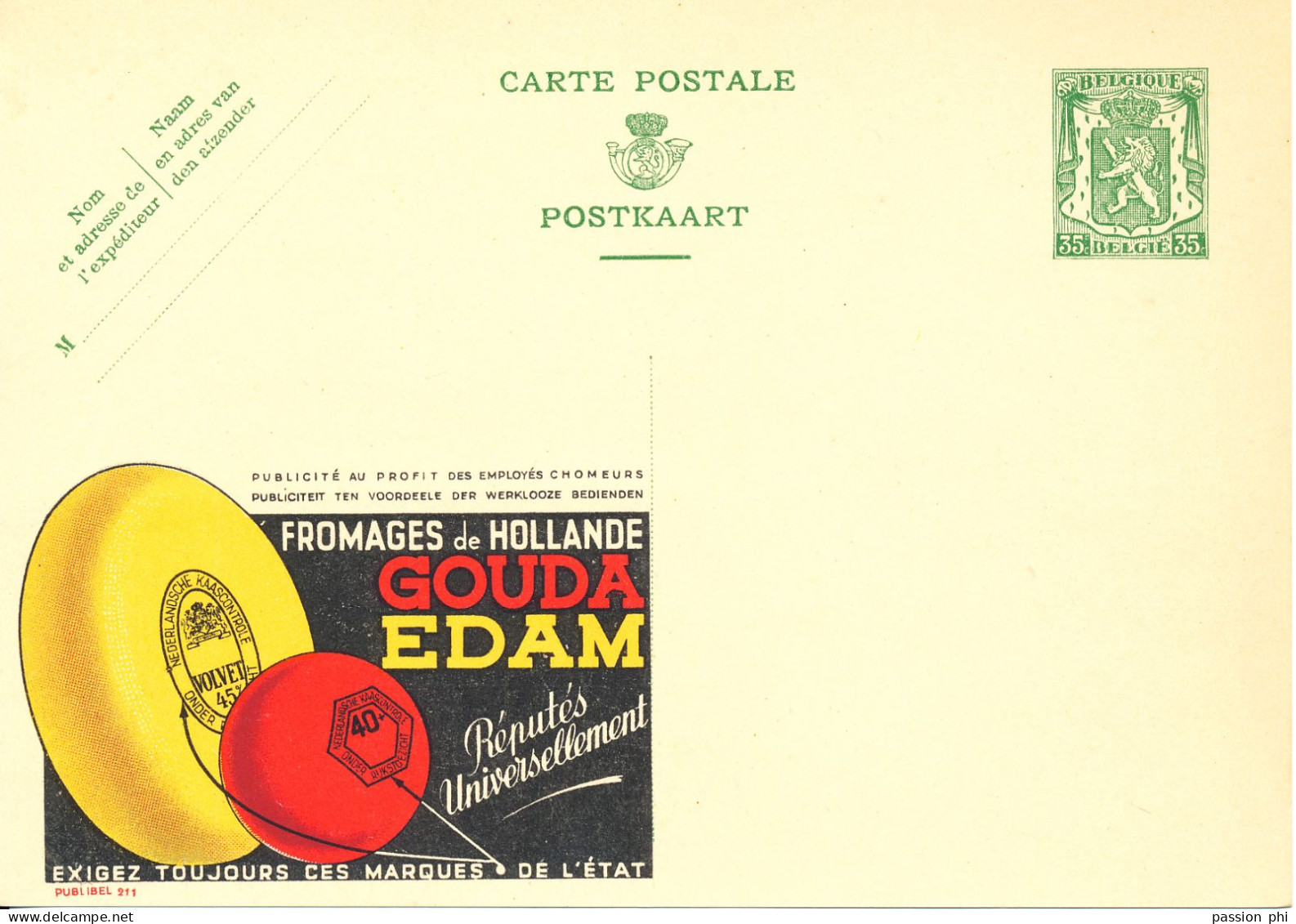 BELGIUM PPS 35C GREEN "SCEAU D'ETAT" SBEP 6 PUBLIBEL 211 GOUDA EDAM FR UNUSED - Publibels