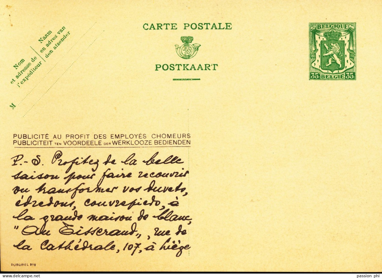 BELGIUM PPS 35C GREEN "SCEAU D'ETAT" SBEP 6 PUBLIBEL 212 AU TISSERAND UNUSED - Werbepostkarten