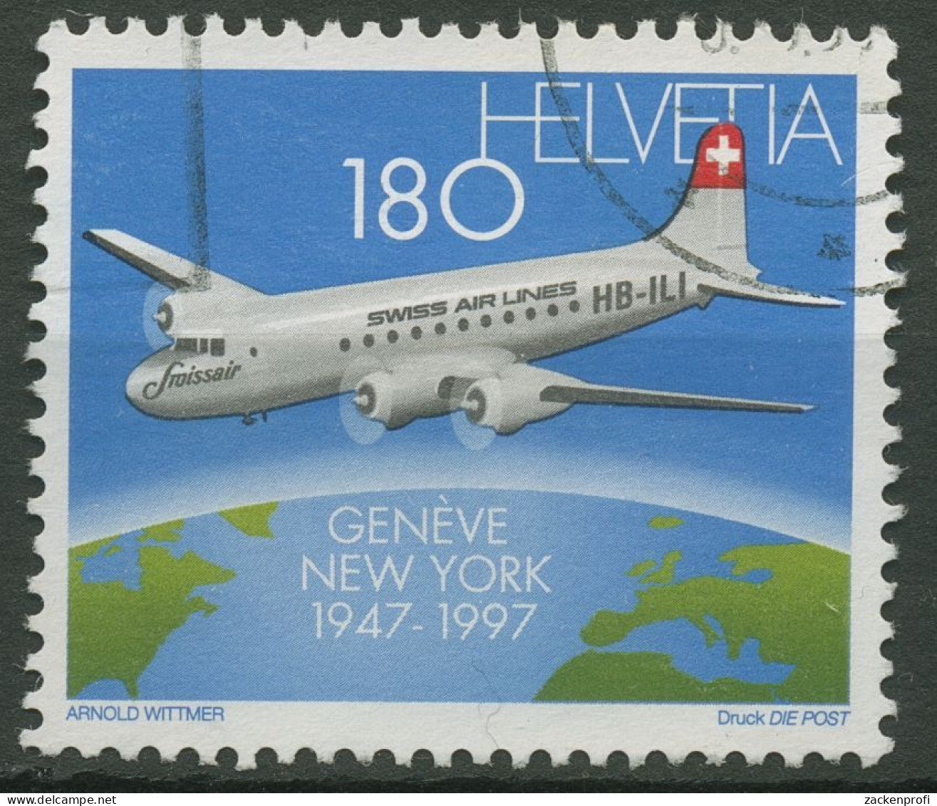 Schweiz 1997 Swissair Nordatlantikflüge Flugzeug Douglas DC-4 1609 Gestempelt - Used Stamps