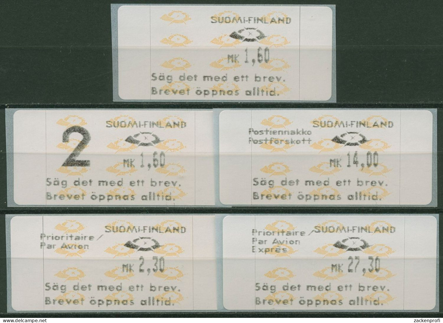 Finnland ATM 1993 Posthörner Zudrucksatz 5 Werte ATM 12.7 Z Postfrisch - Machine Labels [ATM]