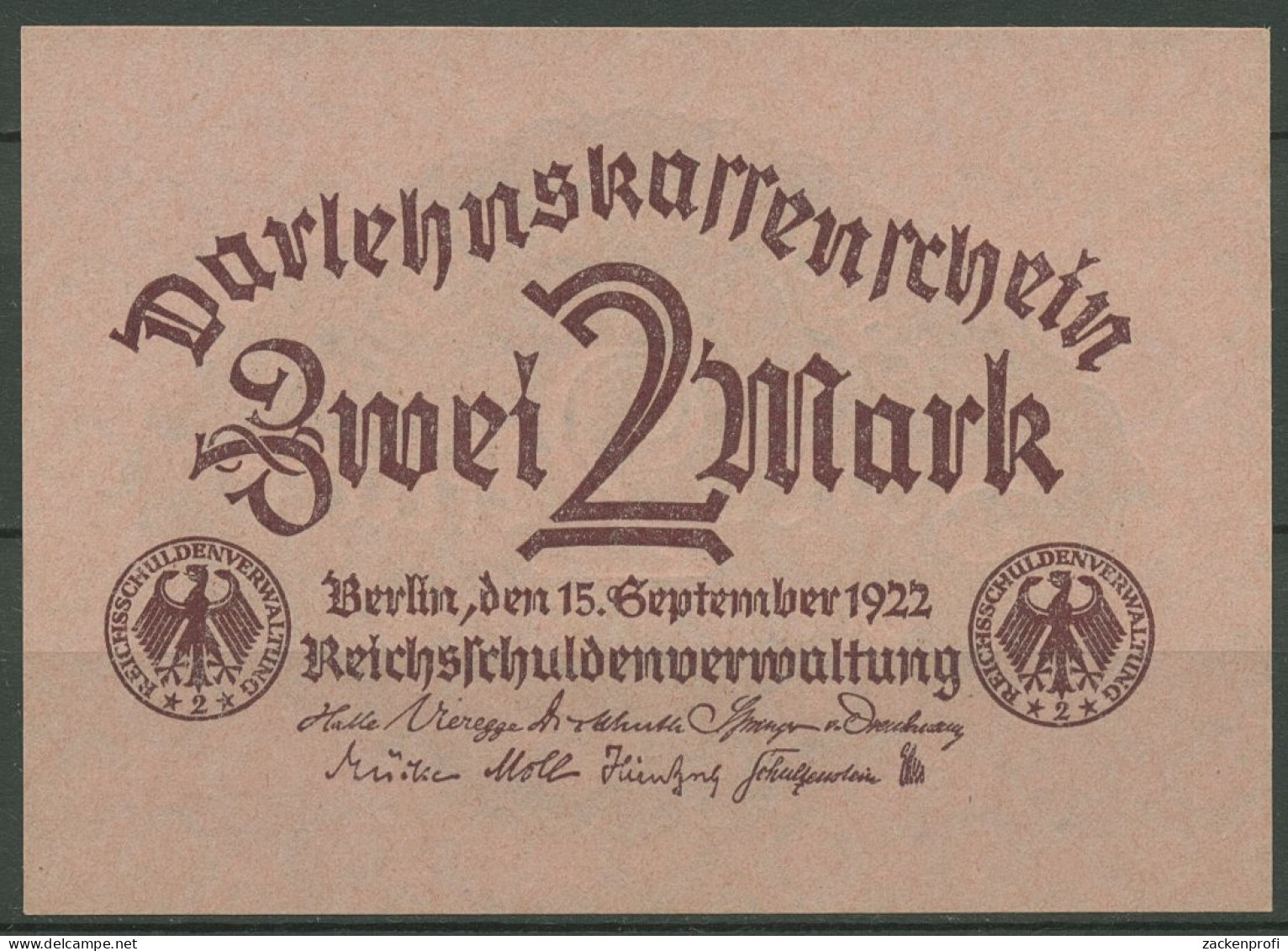 Dt. Reich 2 Mark 1922, DEU-196 Kassenfrisch (K1078) - Reichsschuldenverwaltung