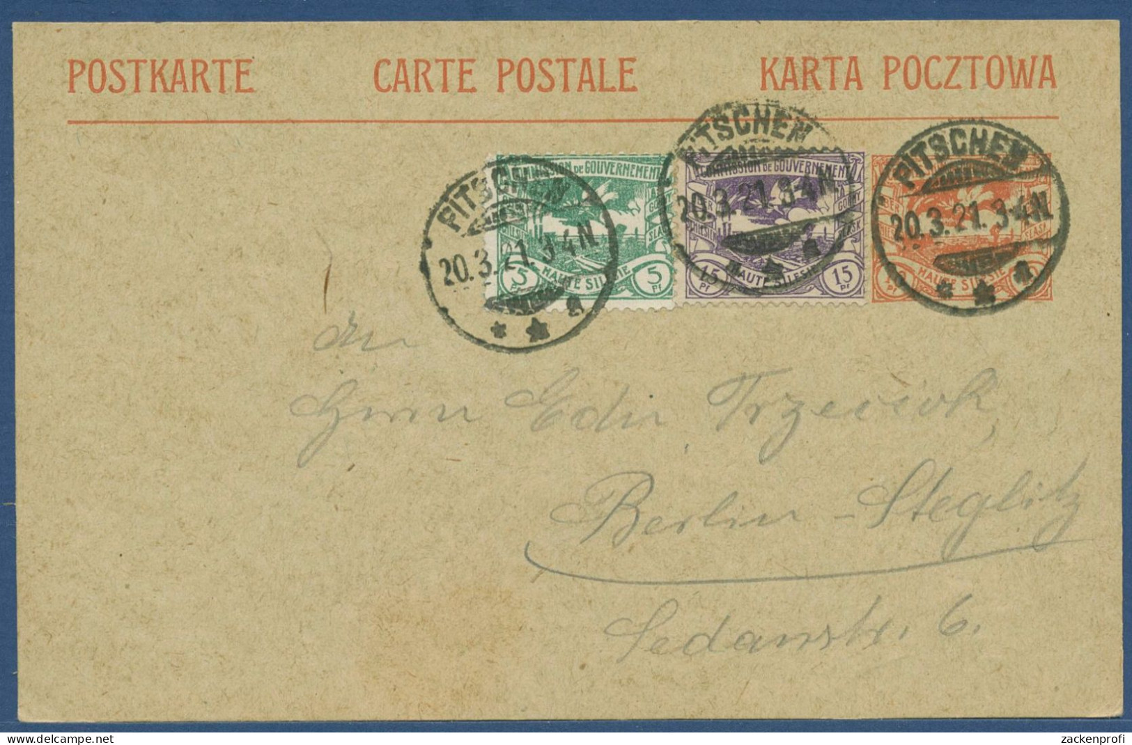 Oberschlesien 1920 Postkarte P 3 Mit ZuF, PITSCHEN A, Gebraucht (X40570) - Other & Unclassified