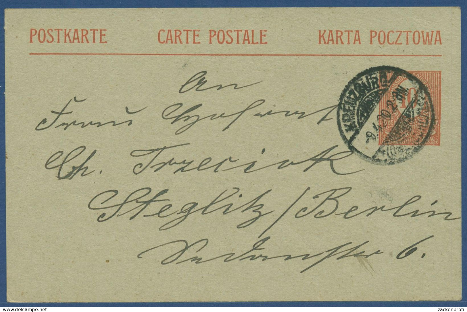 Oberschlesien 1920 Postkarte P 1 Gebraucht, KREUZBURG Nach Berlin (X40565) - Other & Unclassified