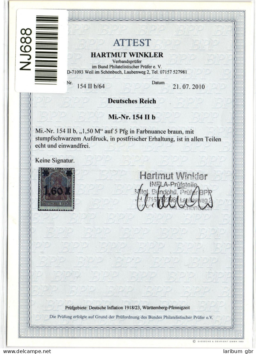 Deutsches Reich 154 II B Postfrisch Attest Winkler BPP #NJ688 - Andere & Zonder Classificatie