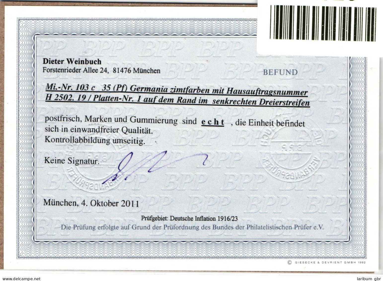 Deutsches Reich 103 C HAN Postfrisch H 2502.19, Befund Weinbuch BPP #NL026 - Andere & Zonder Classificatie