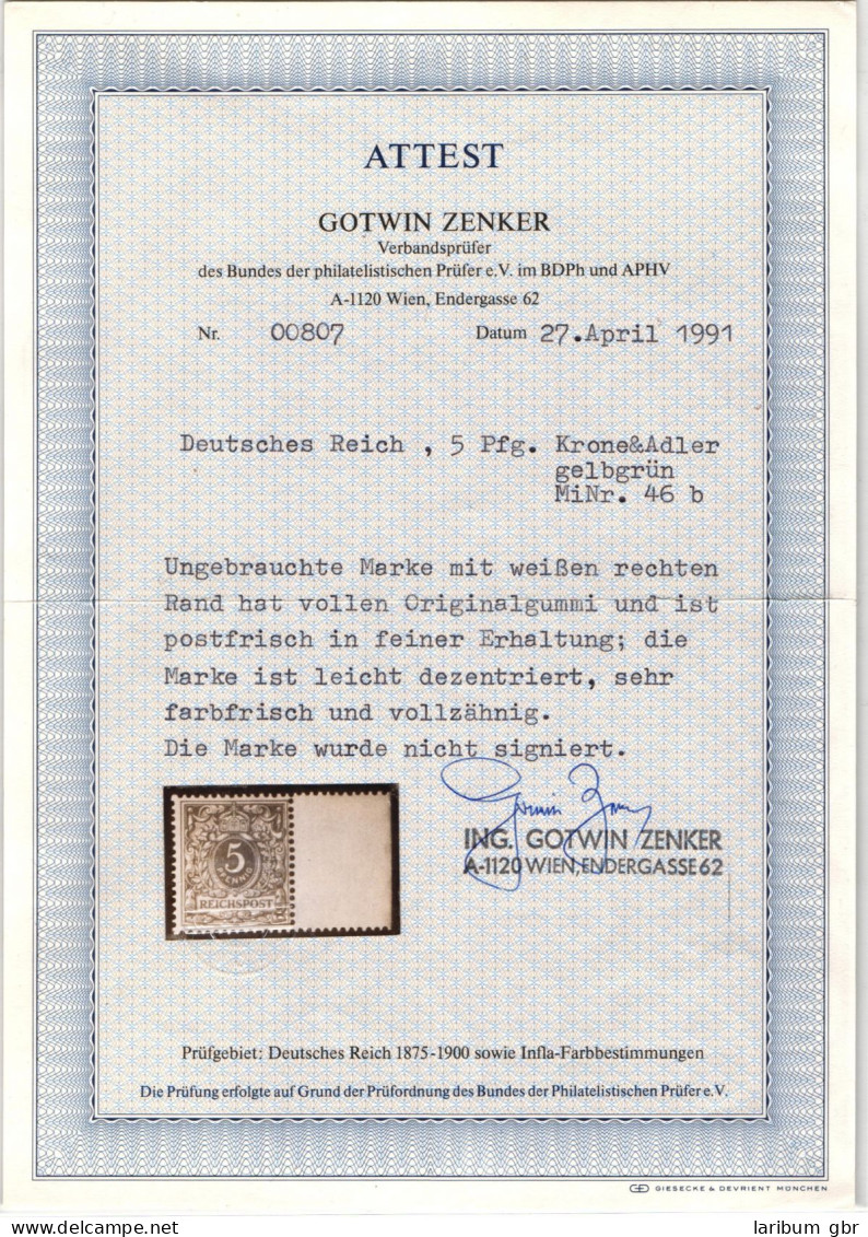 Deutsches Reich 46 B Postfrisch Attest Zenker BPP #NJ785 - Altri & Non Classificati