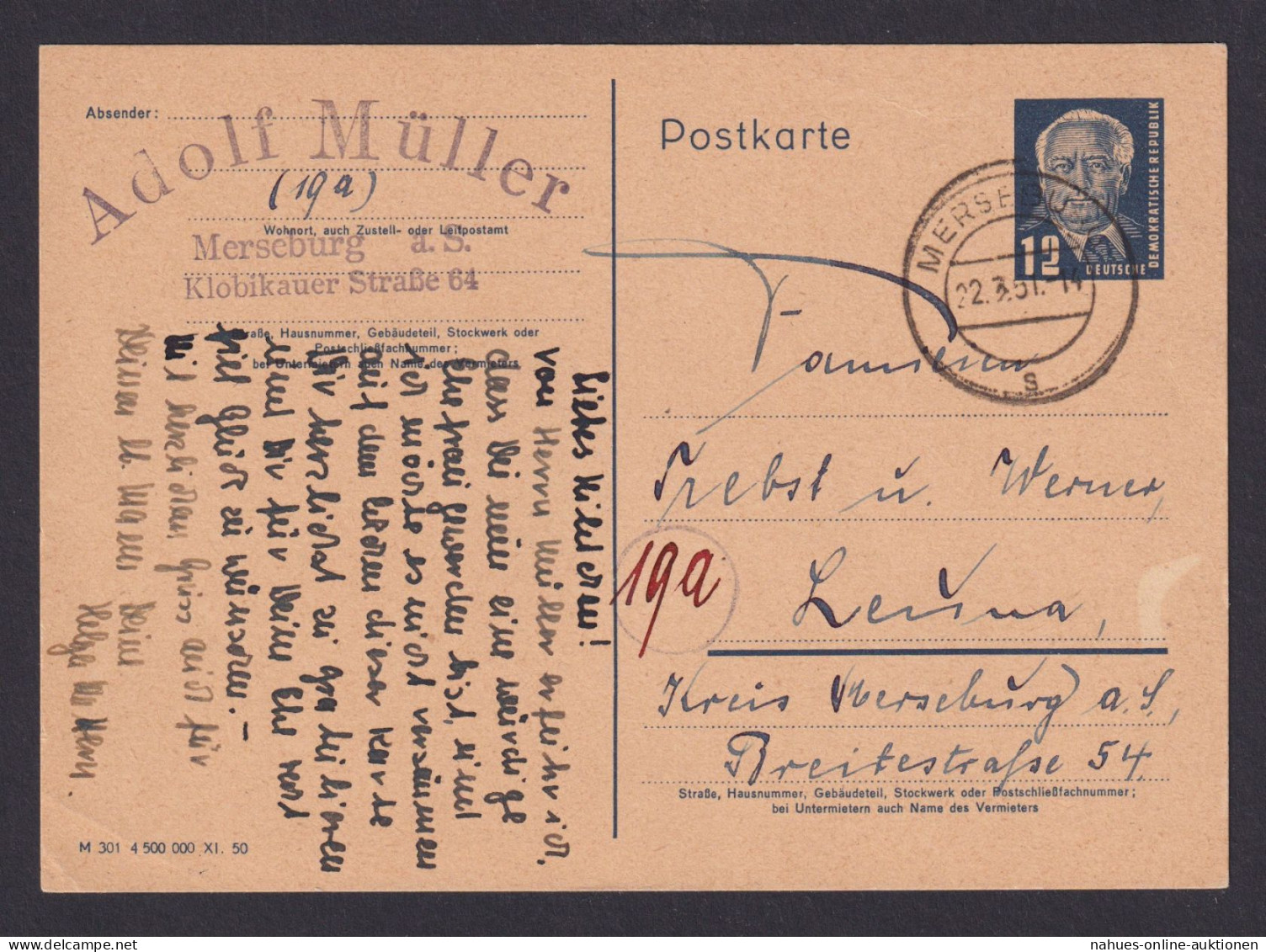 DDR Ganzsache Pieck P 48 02 Merseburg Nach Leuna 22.3.1951 - Cartes Postales - Oblitérées