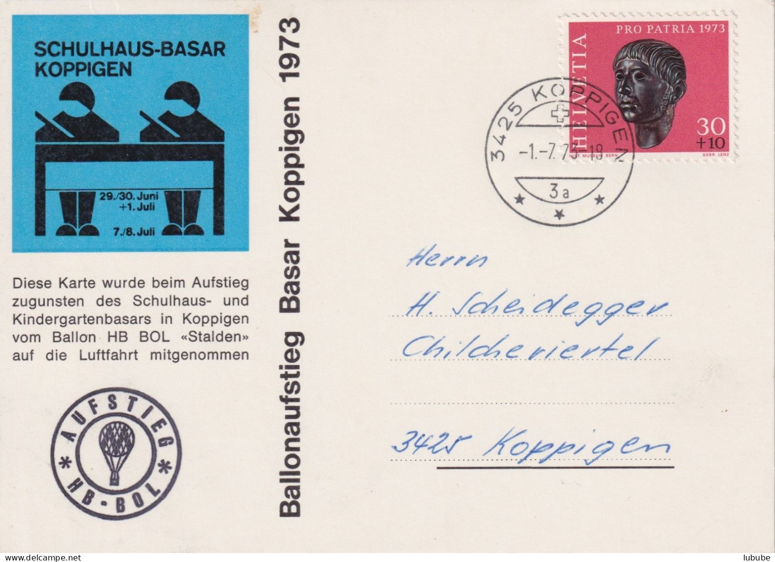 Ballon Karte  "Schulhaus Und Kindergarten Basar, Koppigen"        1973 - Brieven En Documenten