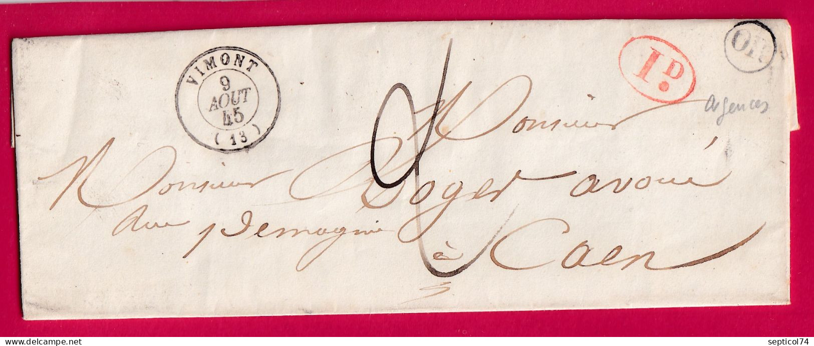 CAD TYPE 15 VIMONT CALVADOS OR ARGENCES DECIME RURAL POUR CAEN 1845 LETTRE - 1801-1848: Précurseurs XIX