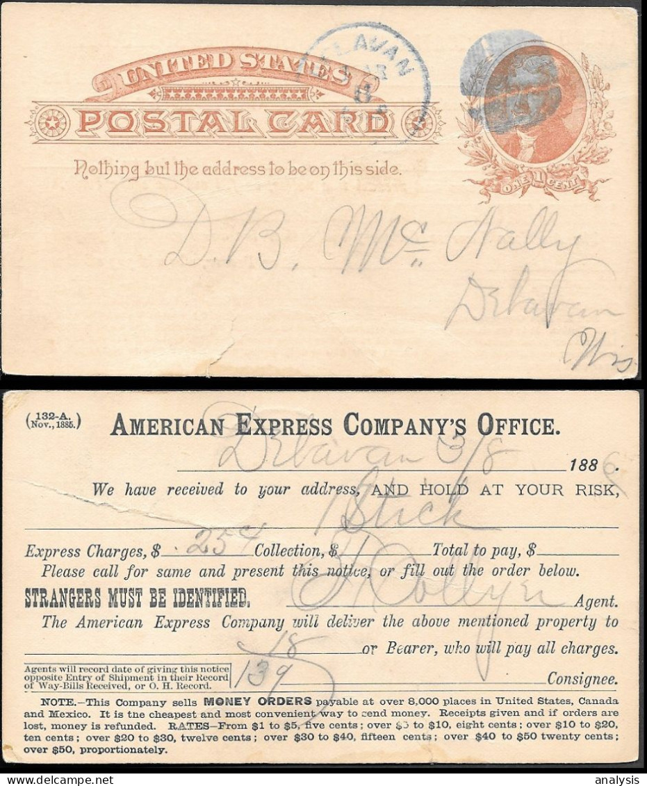 USA American Express Company Delavan WI Postal Stationery Card Mailed 1886 - Marcofilie