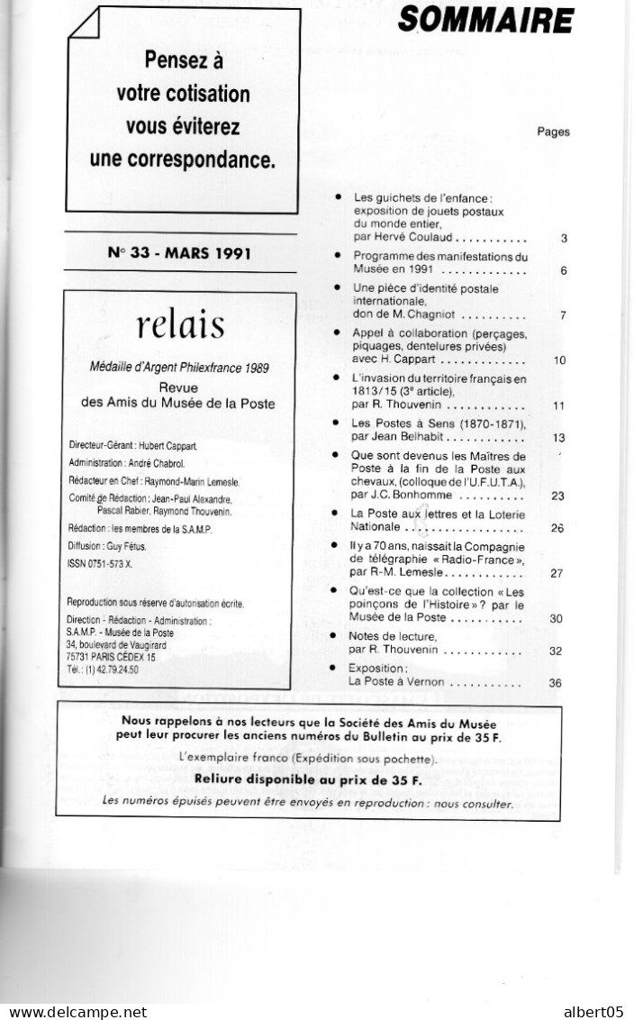 Relais - N° 33 - Mars 1991 -   Revue Des Amis Du Musée De  La Poste - Avec Sommaire - Les Postes à Sens. - Philatélie Et Histoire Postale