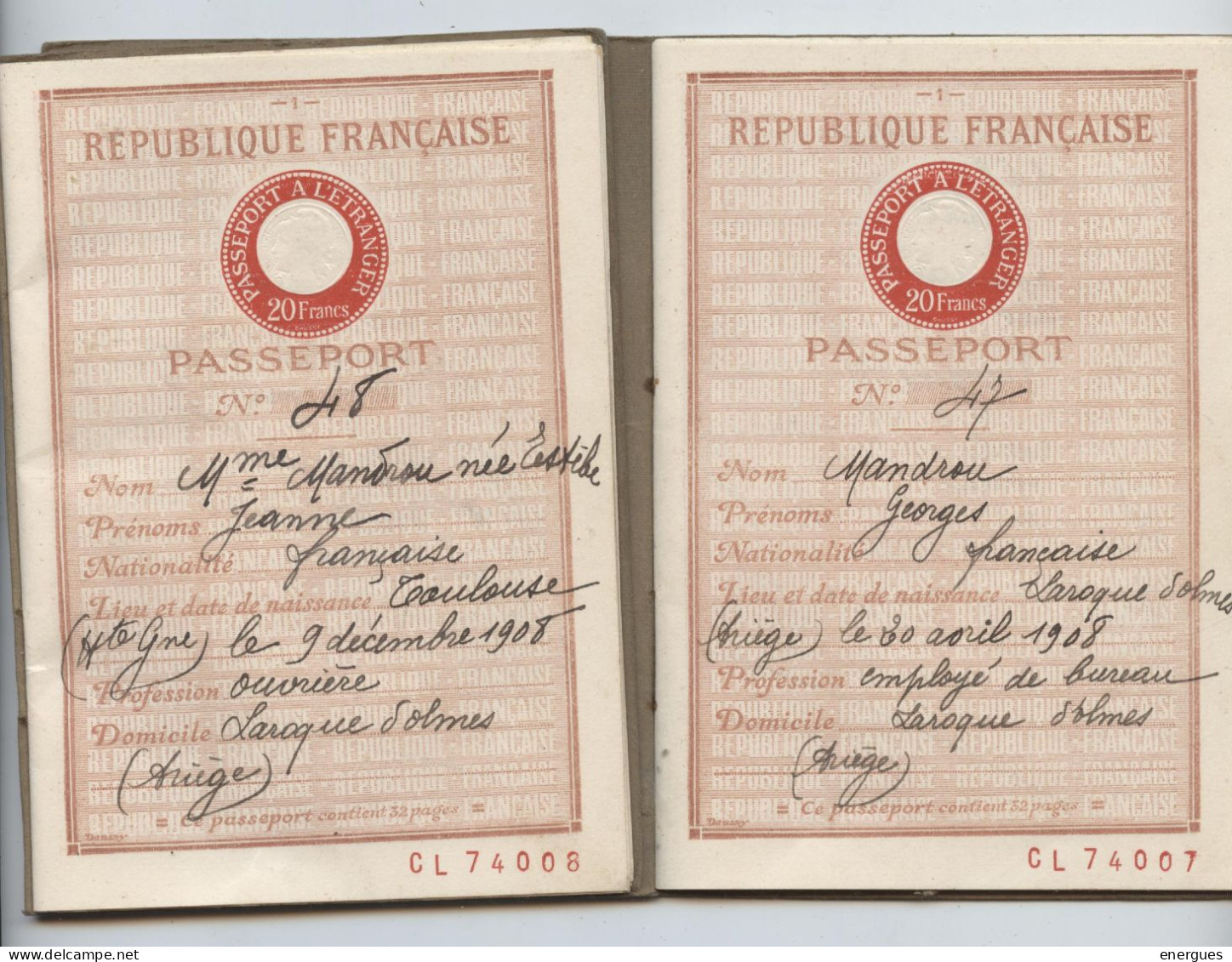 Passeport,1936, Foix, 2 Docs ,Mandrou Georges Et Mandrou Jeanne  , Domicile  à Laroque D'Olmes - Documents Historiques