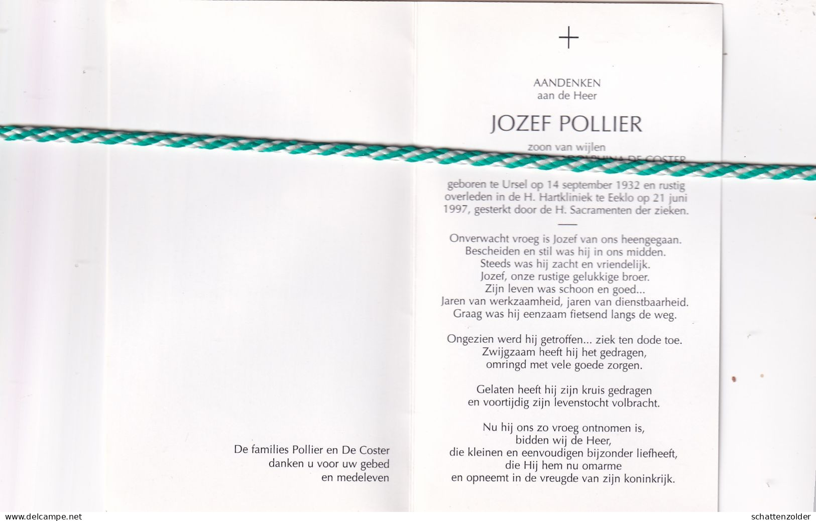 Jozef Pollier, Ursel 1932, Eeklo 1997. Foto - Overlijden