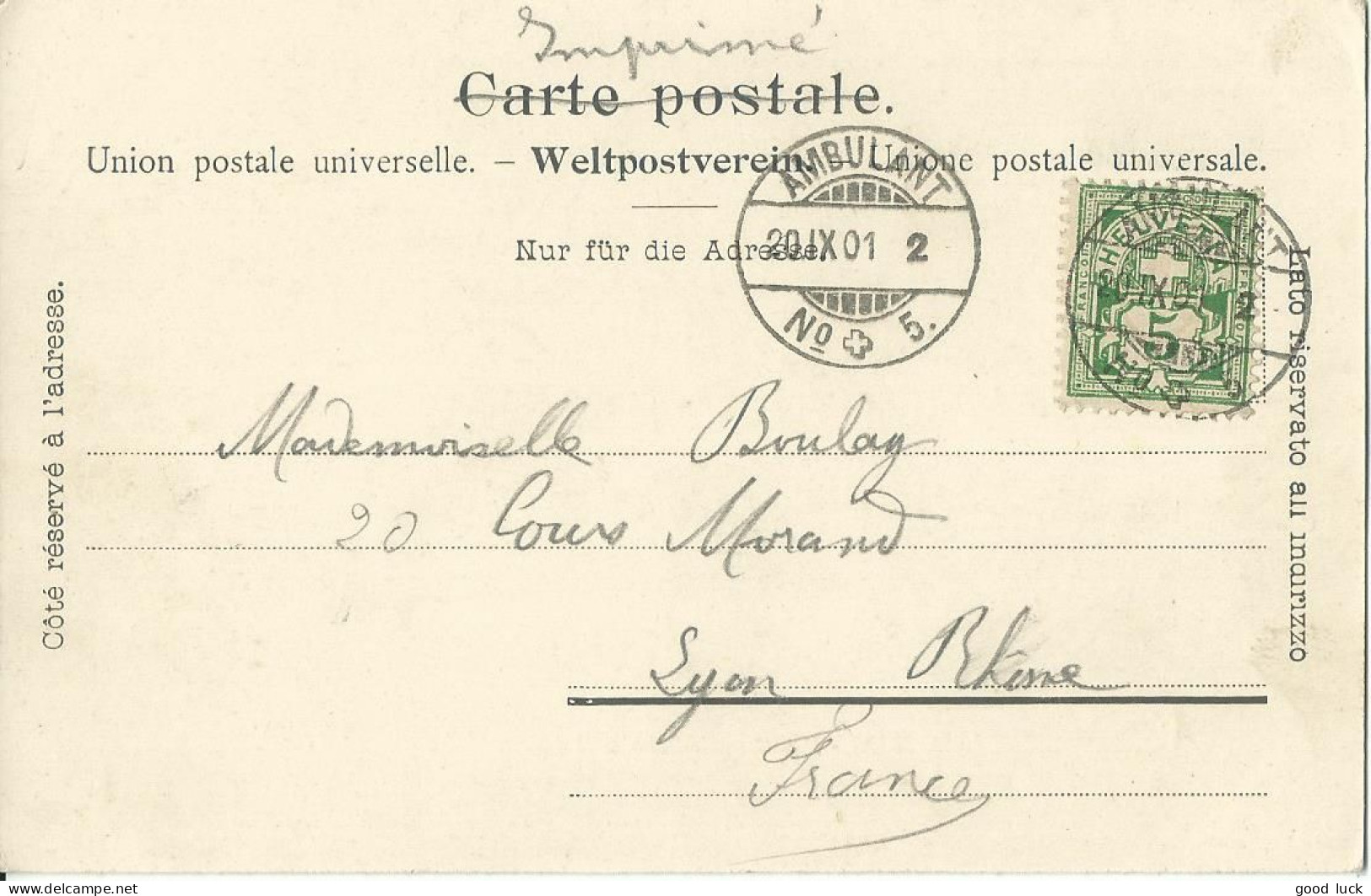 SUISSE  CARTE 5c  AMBULANT N°5 POUR LYON ( RHONE )  DE 1901 LETTRE COVER - Cartas & Documentos