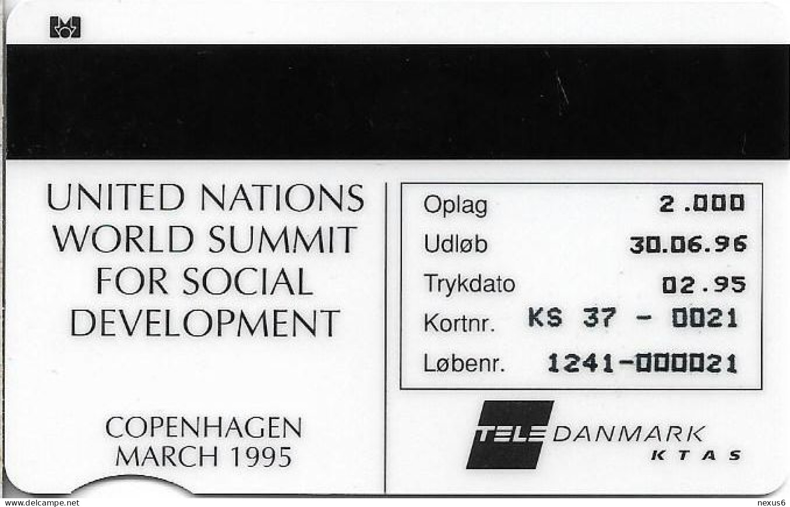 Denmark - KTAS - World Summit - TDKS037 - 02.1995, 100kr, 2.000ex, Used - Denmark