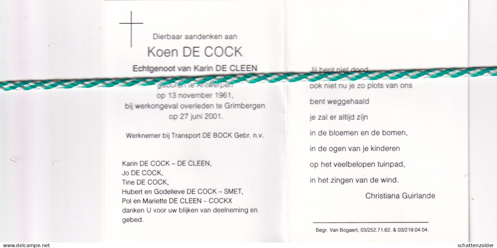 Koen De Cock-De Cleen, Antwerpen 1961, Grimbergen 2001. Foto - Décès