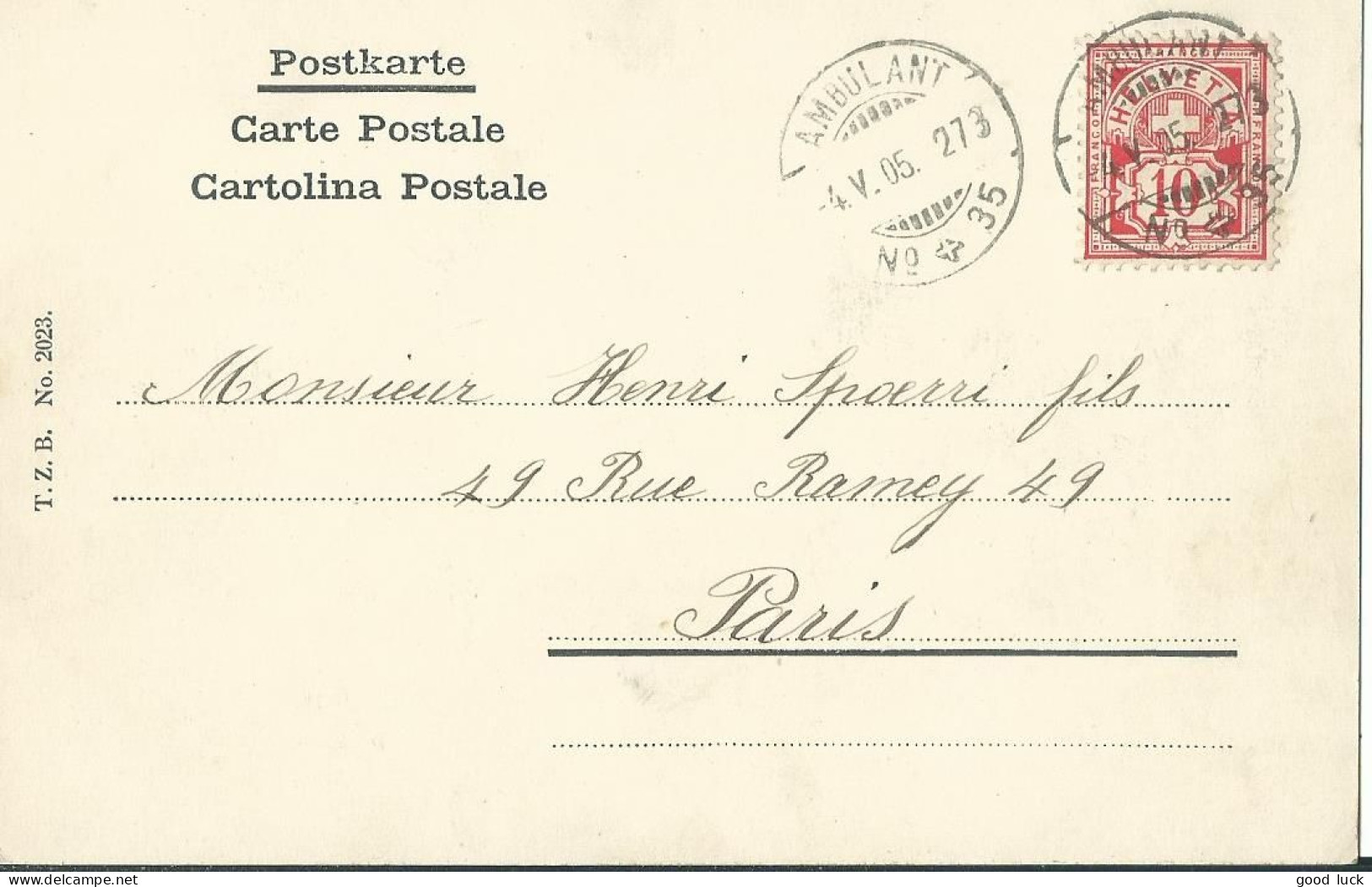 SUISSE  CARTE 10c  AMBULANT N°5 POUR PARIS DE 1905 LETTRE COVER - Briefe U. Dokumente