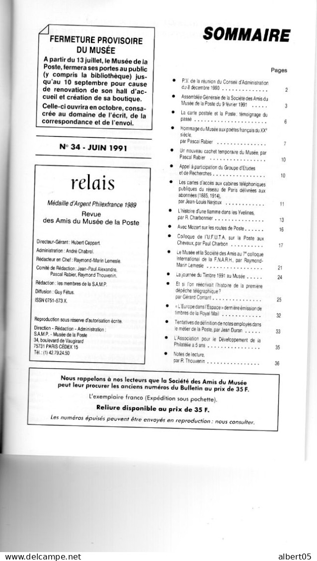 Relais - N° 34 - Juin 1991 -   Revue Des Amis Du Musée De  La Poste - Avec Sommaire - Filatelie En Postgeschiedenis